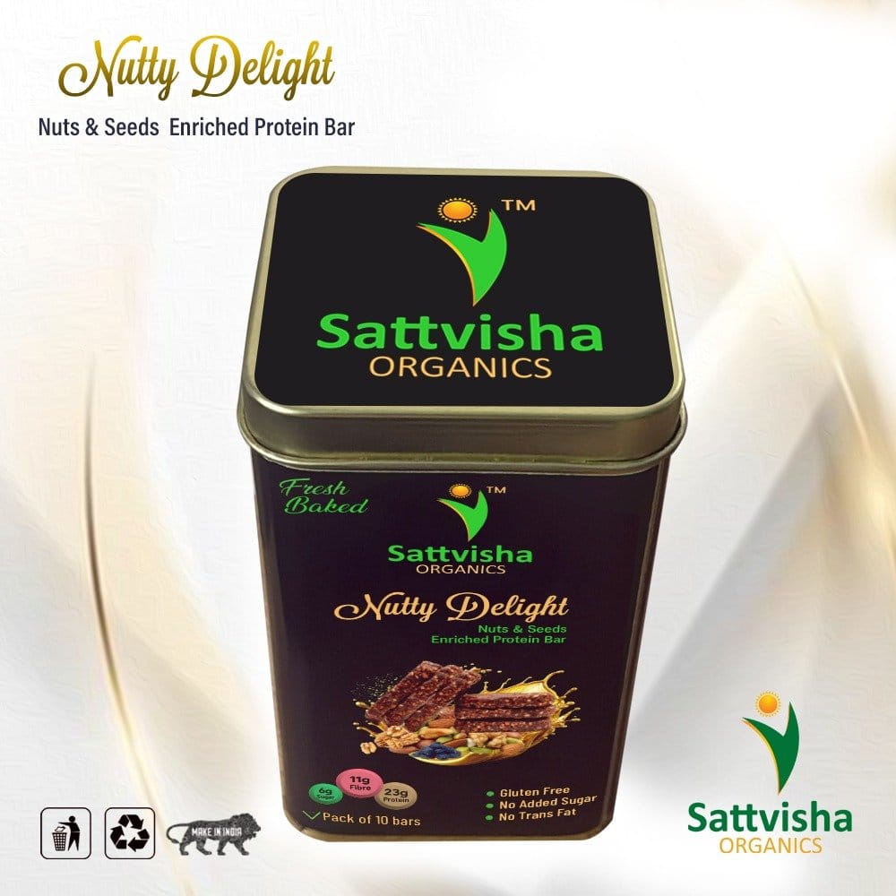 Sattvisha Nutty Delight bars in a premium tin